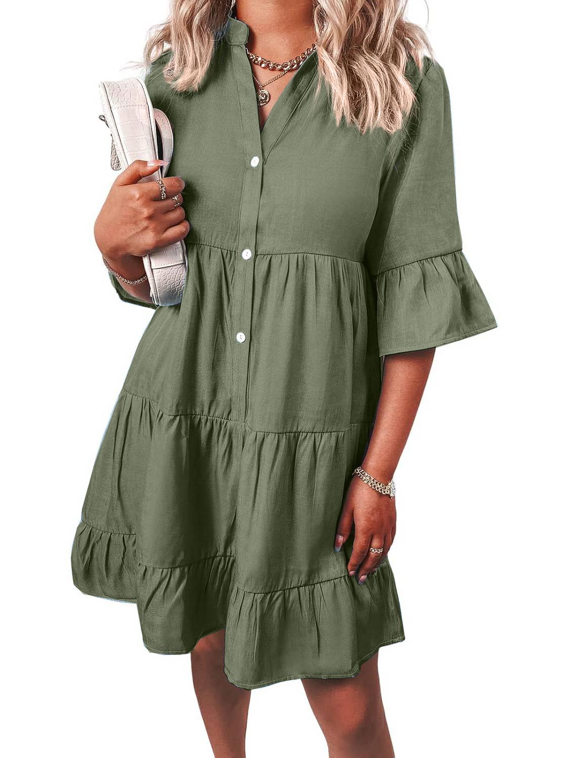 Women??s Casual V Neck Ruffle Short Sleeve Summer Dress