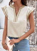 Women's Casual V Neck Flutter Sleeves Striped Top