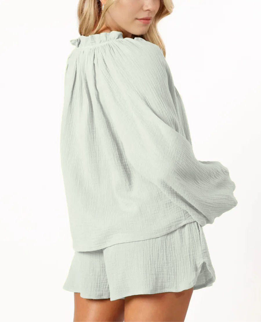 Women's Ruffle Long Sleeve Top and Shorts Two Piece Set With Pockets