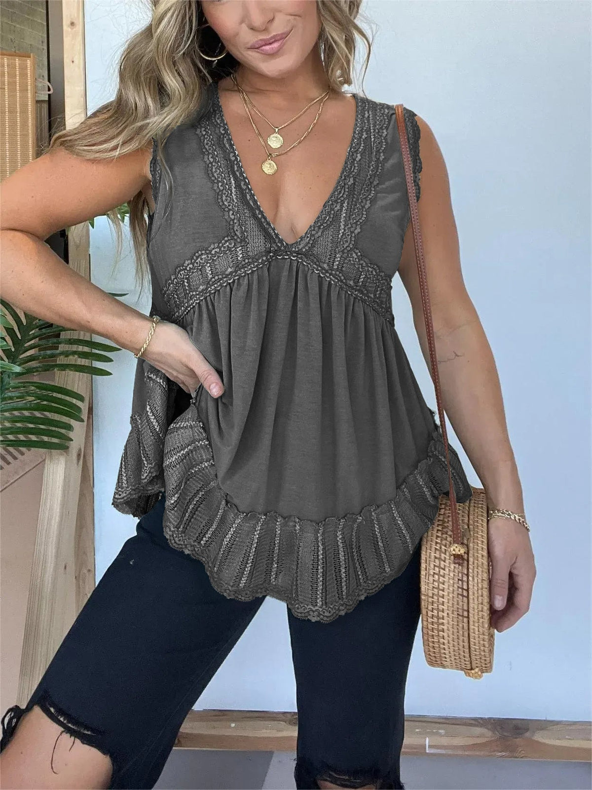 New V-neckline Sleeveless Flow Top with Lace Trim