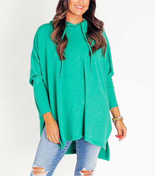 Women's Oversized Bat Sleeve Ribbed Hooded Pullover