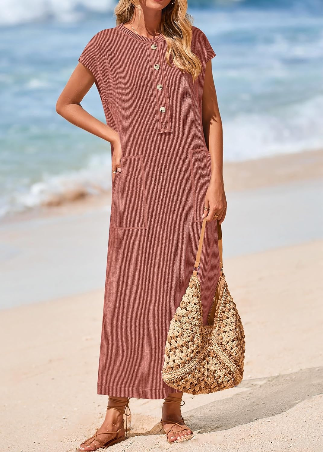 Women's Ribbed Henley Button Up Split Long Dress