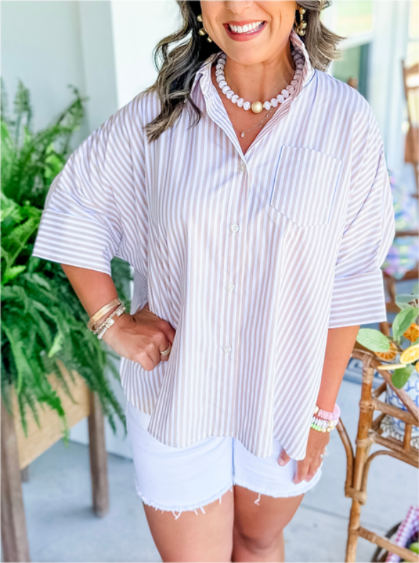 Women's Striped Button Shirt Side Slit Hem Swing Top