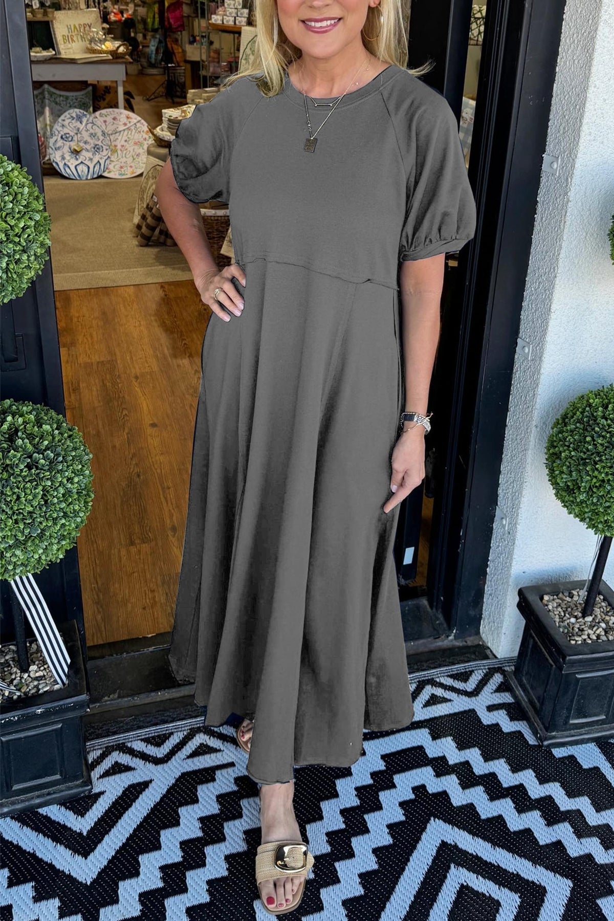 Women's Solid Puff Sleeve Long Dress With Pockets