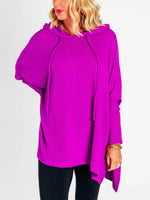 Women's Oversized Bat Sleeve Ribbed Hooded Pullover