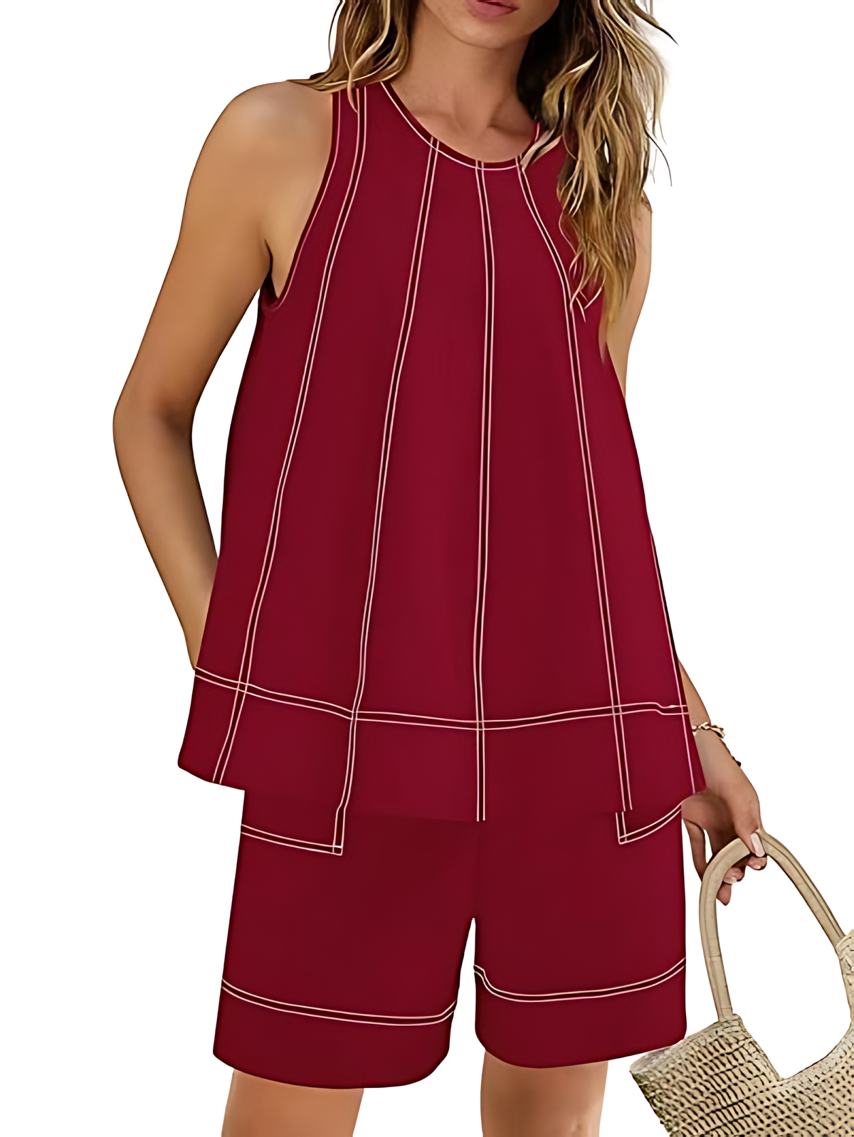 Women's Stitching Tank Tops and High Waist Shorts Set