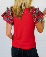 Women'sPlaid Ruffle Short Sleeve Pearl Tops