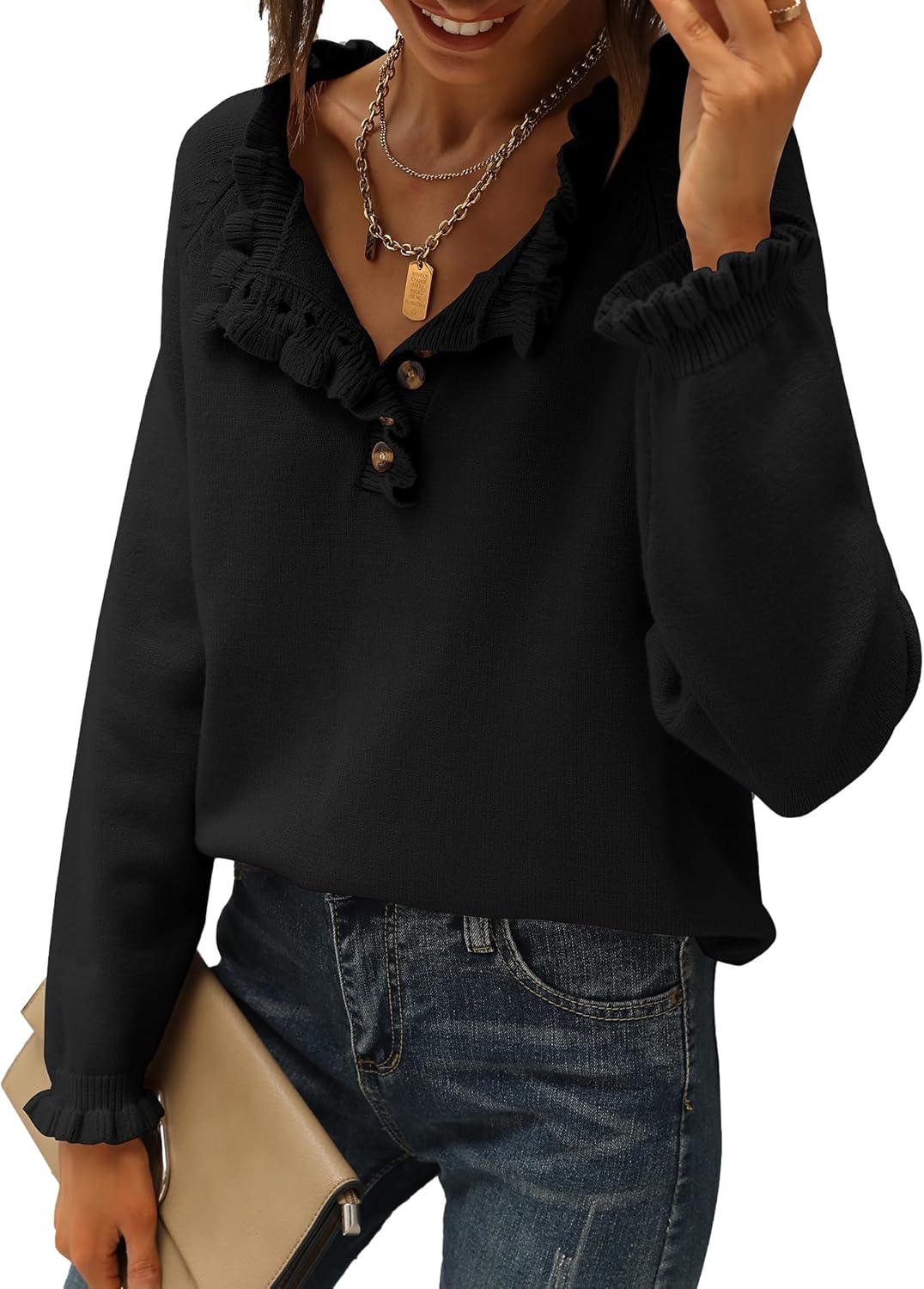 Women's Casual Knitted Button Ruffle Pullover Sweater