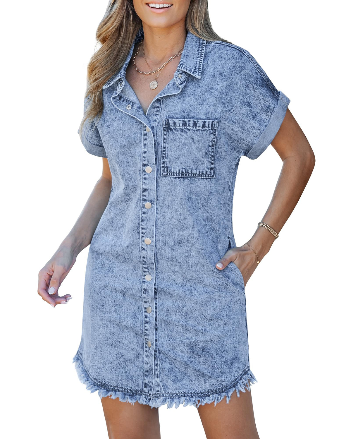 Women's Button Down Raw Edge Denim Shirt Dress