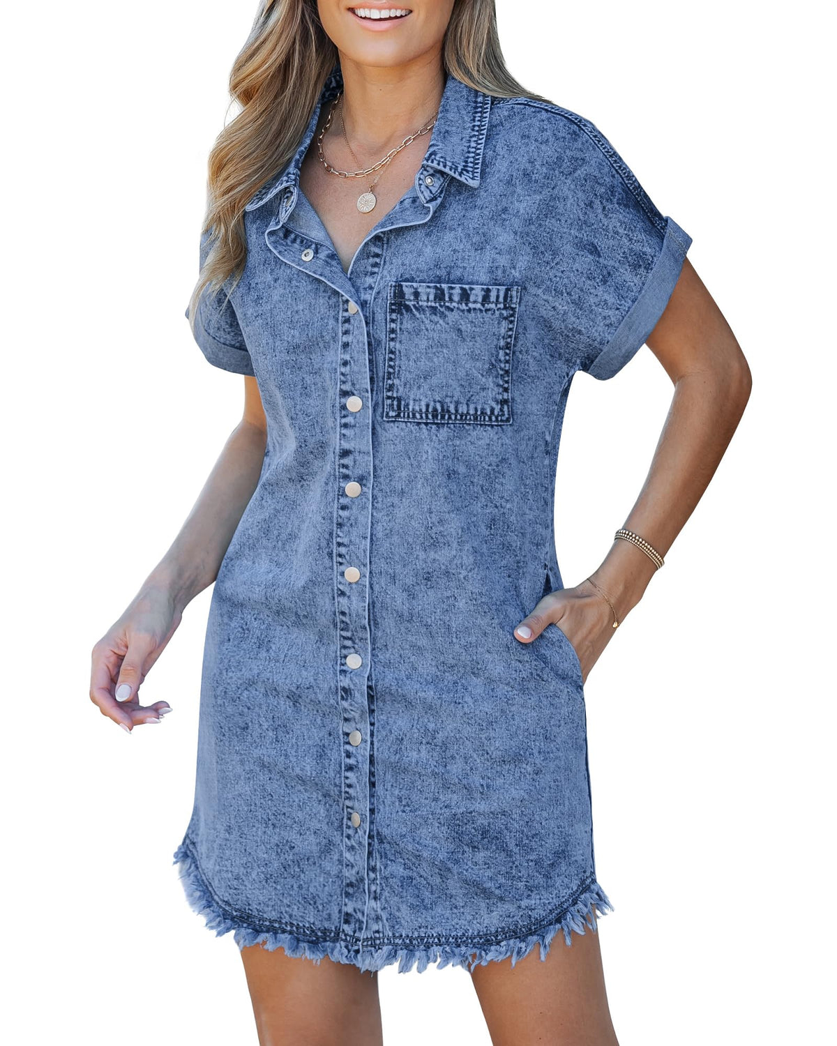 Women's Button Down Raw Edge Denim Shirt Dress