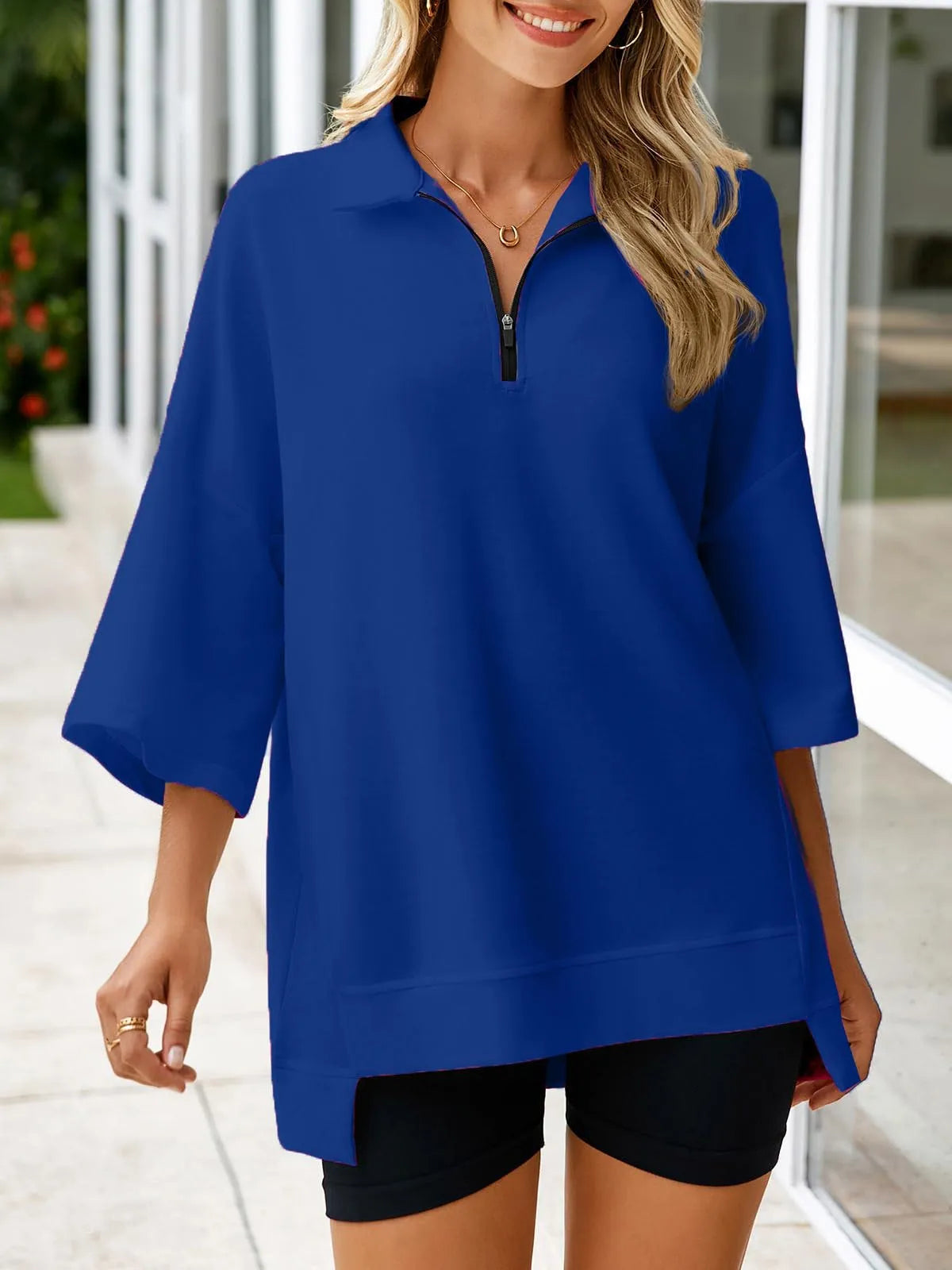 Women's Oversized 3/4 Sleeve Zipper Pullover