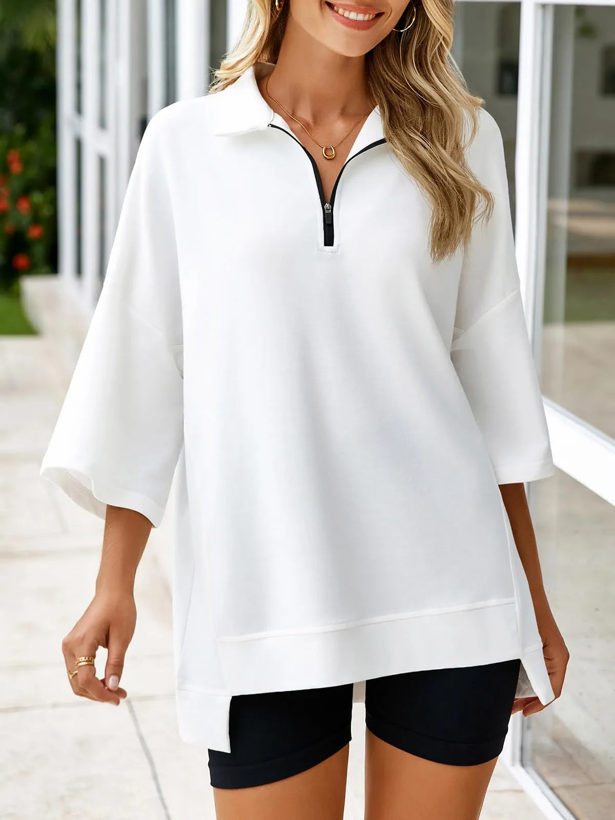 Women's Oversized 3/4 Sleeve Zipper Pullover
