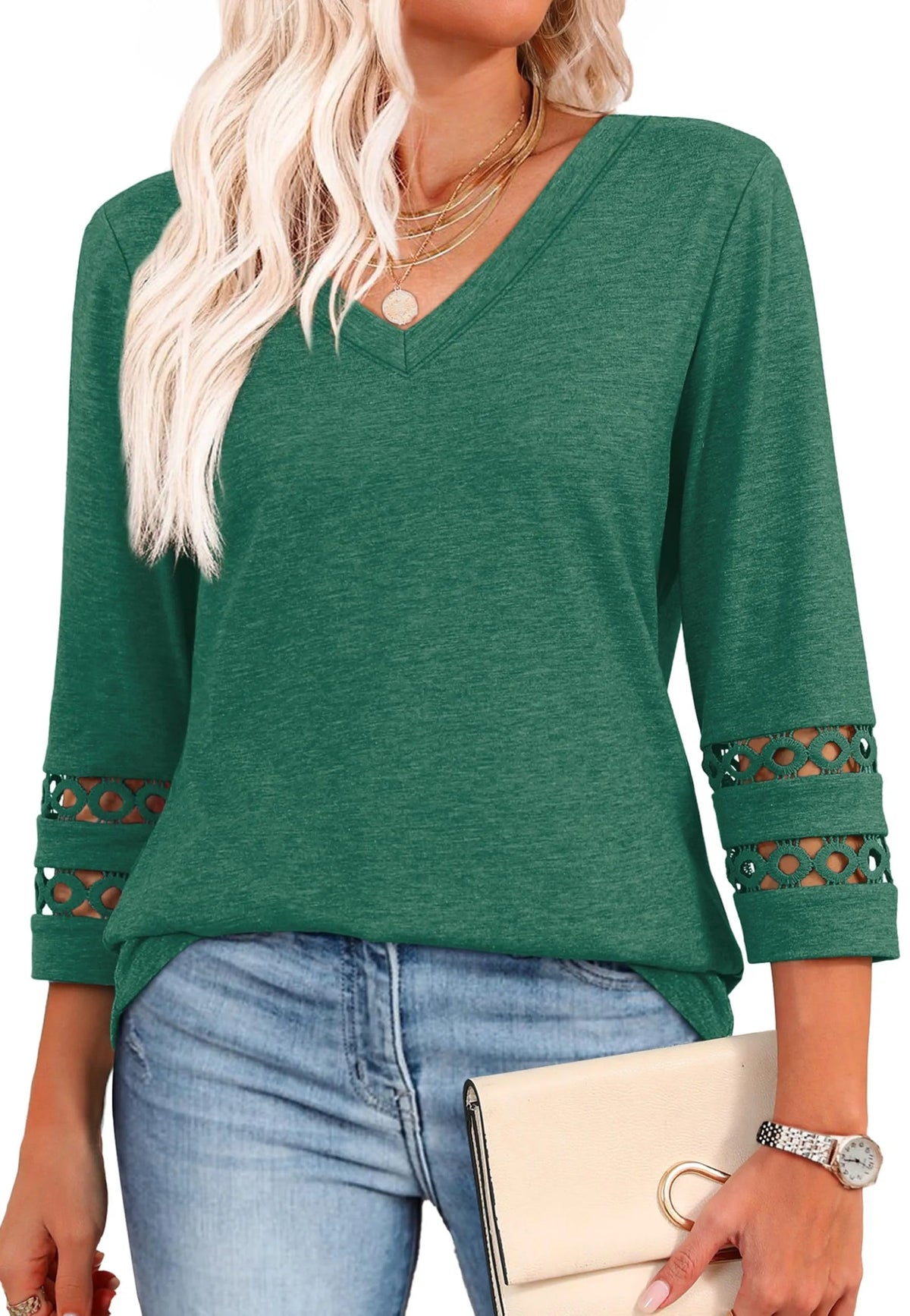 Women's 3/4 Length Sleeve Trendy V Neck T-Shirts