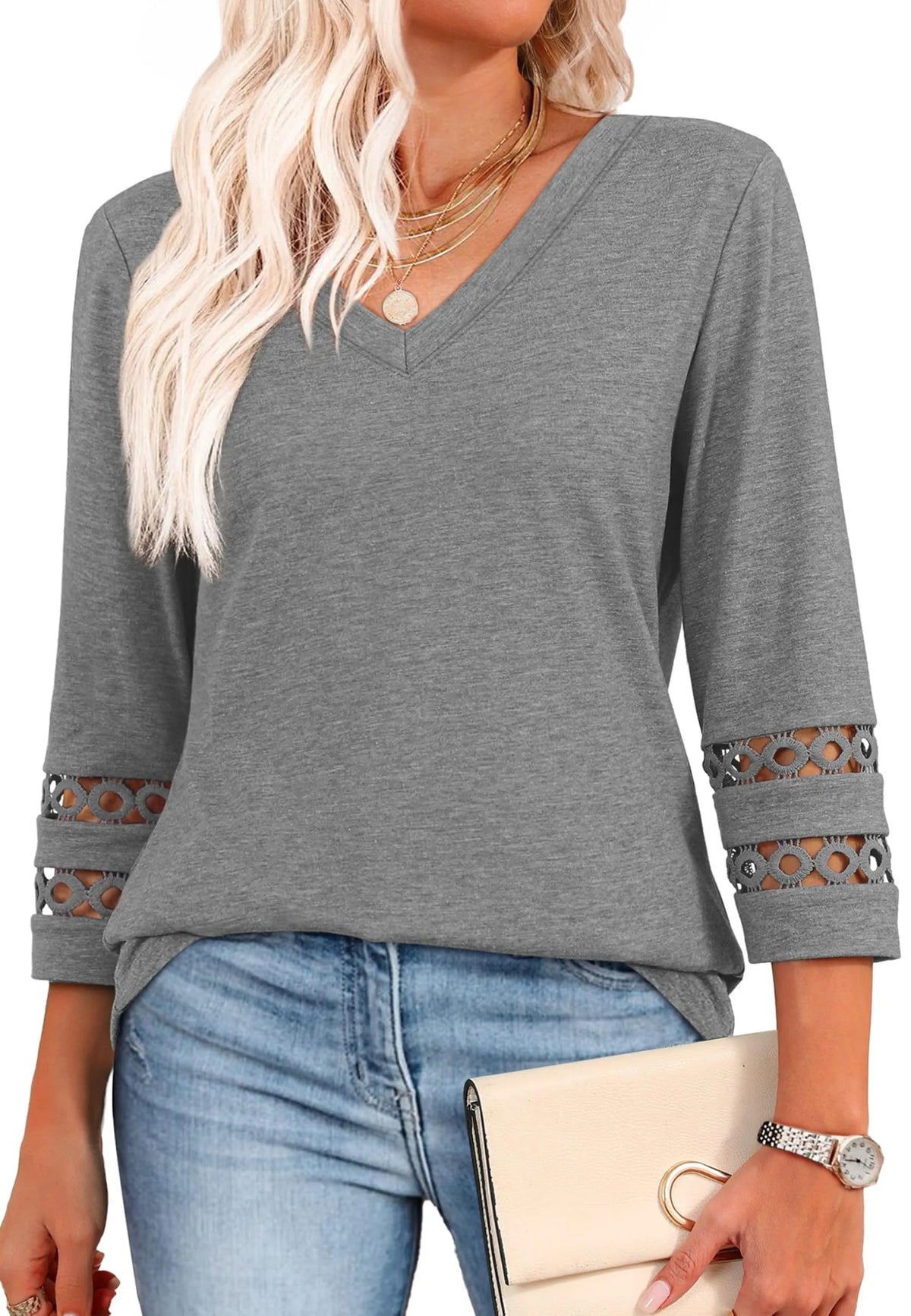 Women's 3/4 Length Sleeve Trendy V Neck T-Shirts