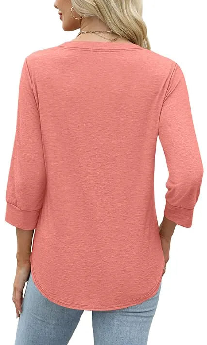 Women's 3/4 Sleeve Button V Neck Tops