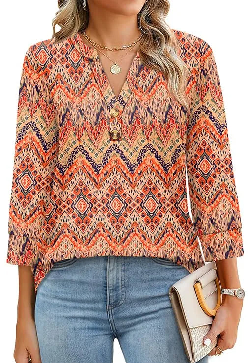 Women's 3/4 Sleeve Button V Neck Tops