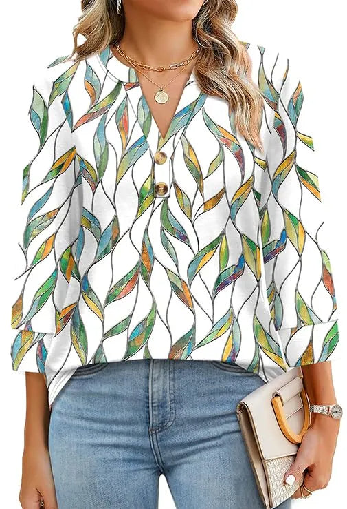 Women's 3/4 Sleeve Button V Neck Tops