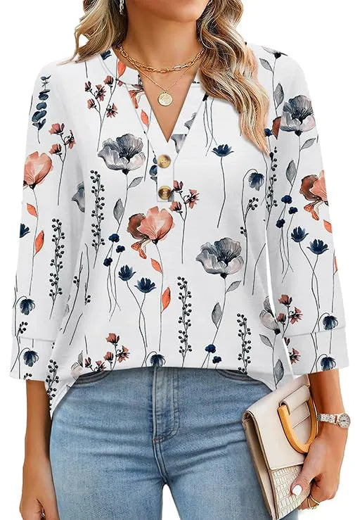 Women's 3/4 Sleeve Button V Neck Tops