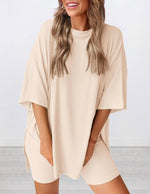 Women's Round Neck Side Slit Short Sleeve Top Tight Shorts Set