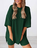 Women's Round Neck Side Slit Short Sleeve Top Tight Shorts Set