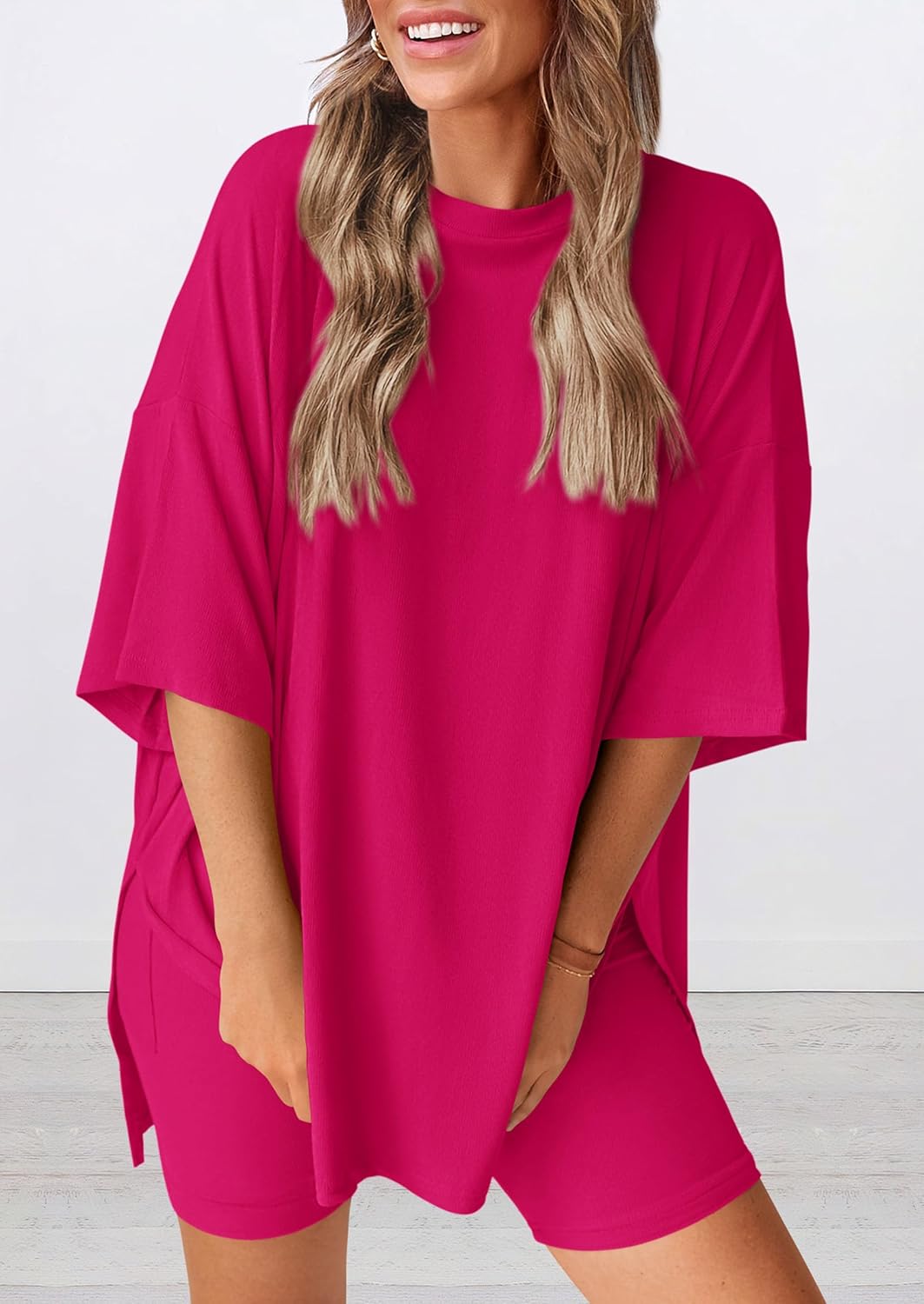 Women's Round Neck Side Slit Short Sleeve Top Tight Shorts Set