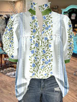 Women's V Neck Puff Sleeve Floral Print Blouse