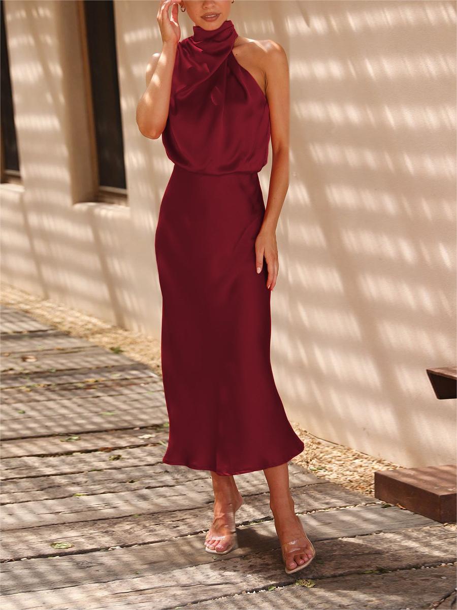 Mock Neck Keyhole Elastic High Waist Maxi Dress