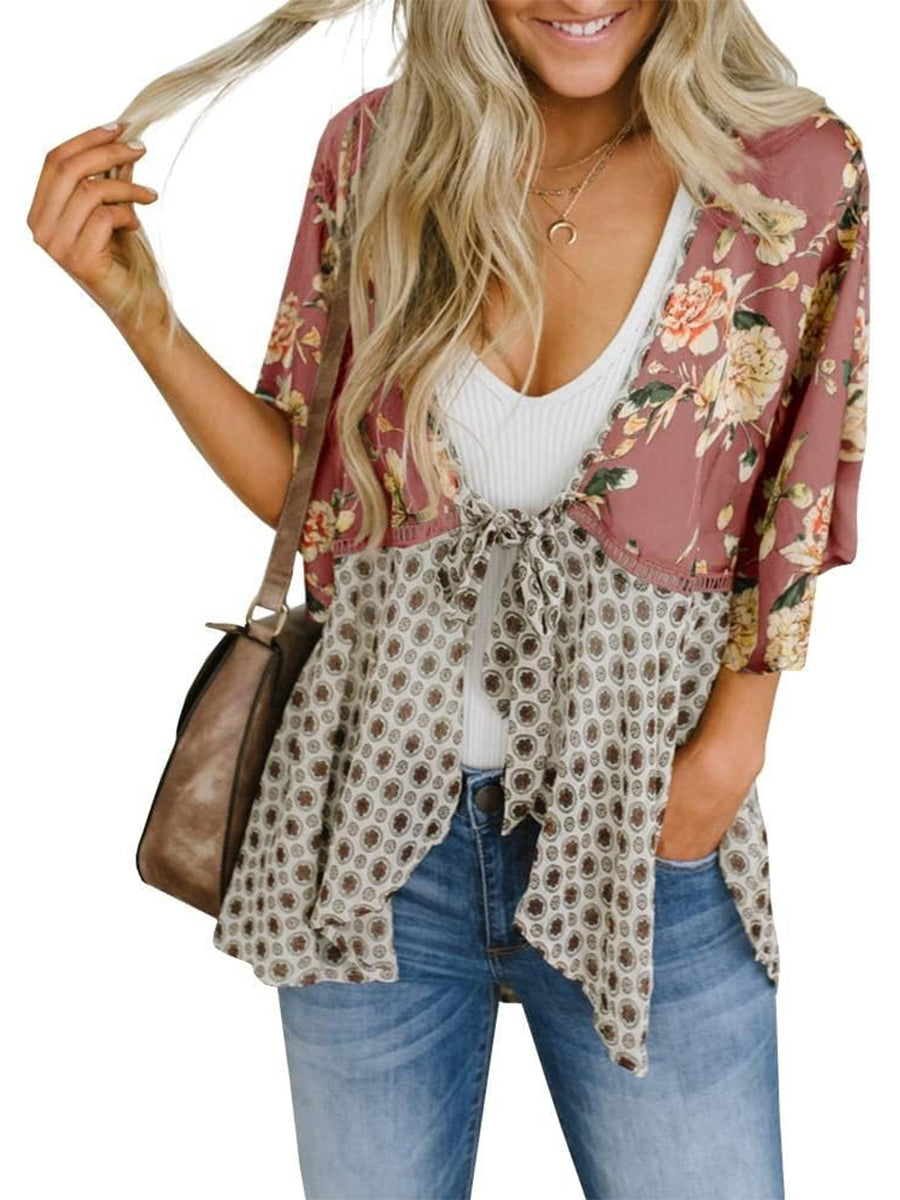 Summer Floral Kimono Ruffle Sleeve Tie Cardigans