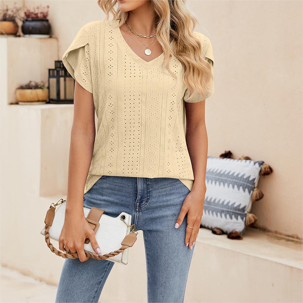 Solid color V-neck tile sleeve short-sleeved T-shirt