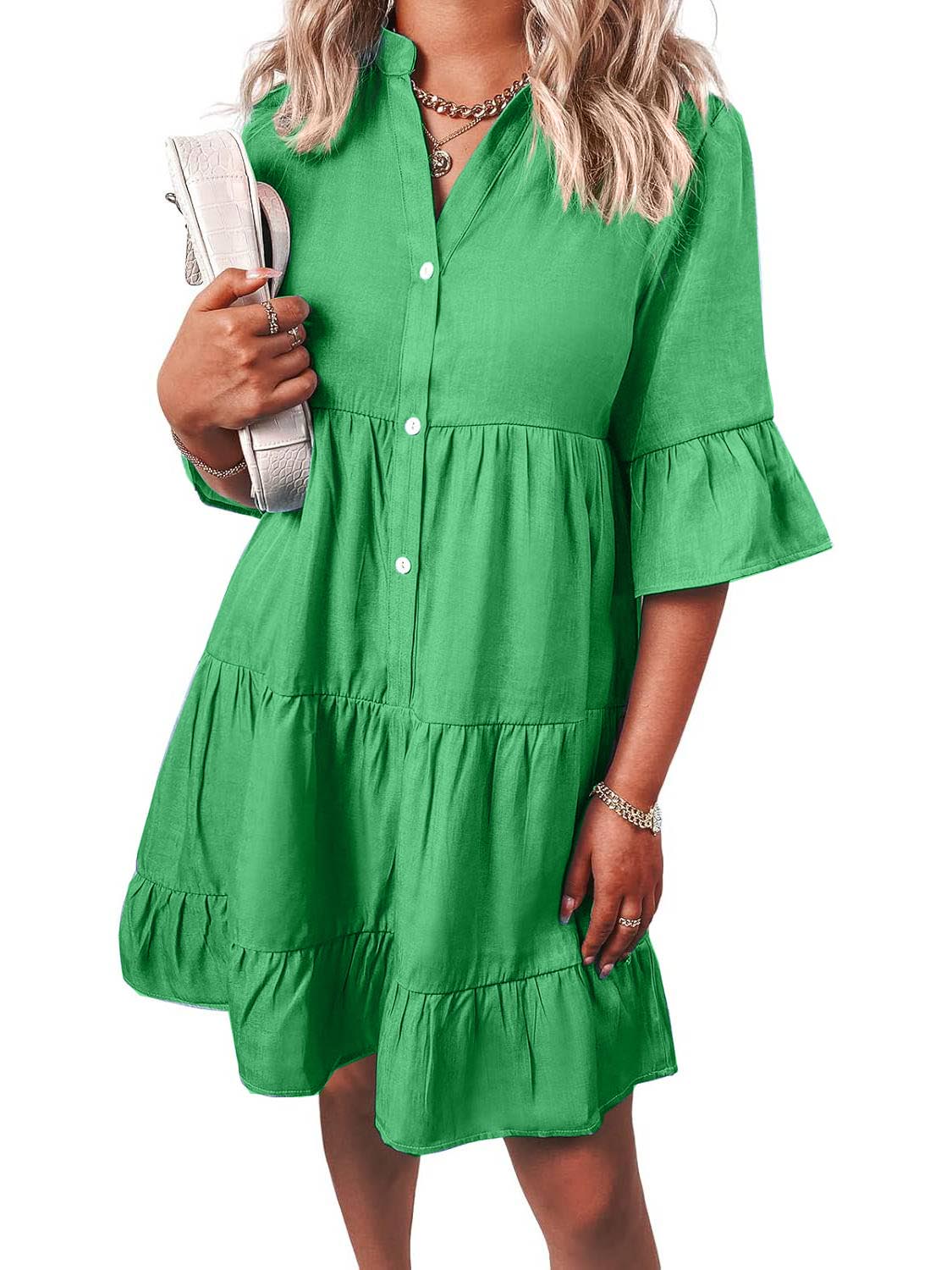 Women??s Casual V Neck Ruffle Short Sleeve Summer Dress