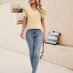 Solid color V-neck tile sleeve short-sleeved T-shirt