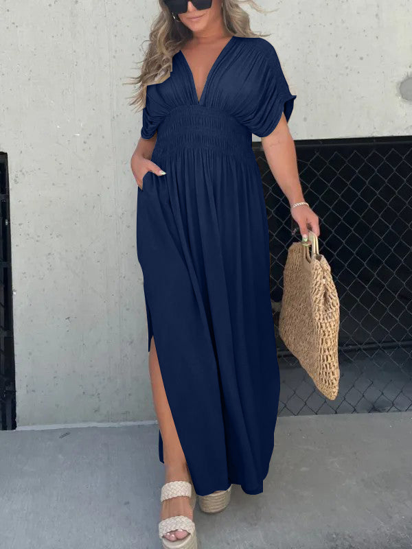 V-neck Dress With Slit And Gathered Waist