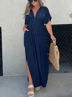V-neck Dress With Slit And Gathered Waist