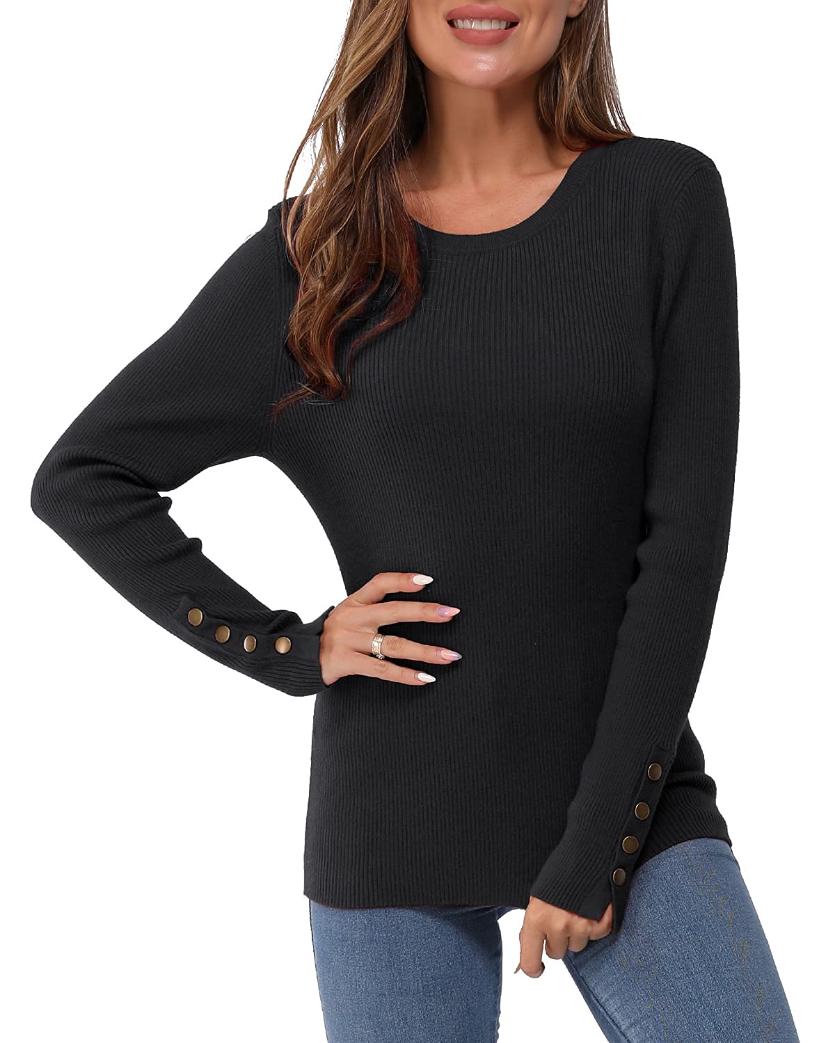 Women's Long-Sleeve Button Crew Neck Pullover Sweater