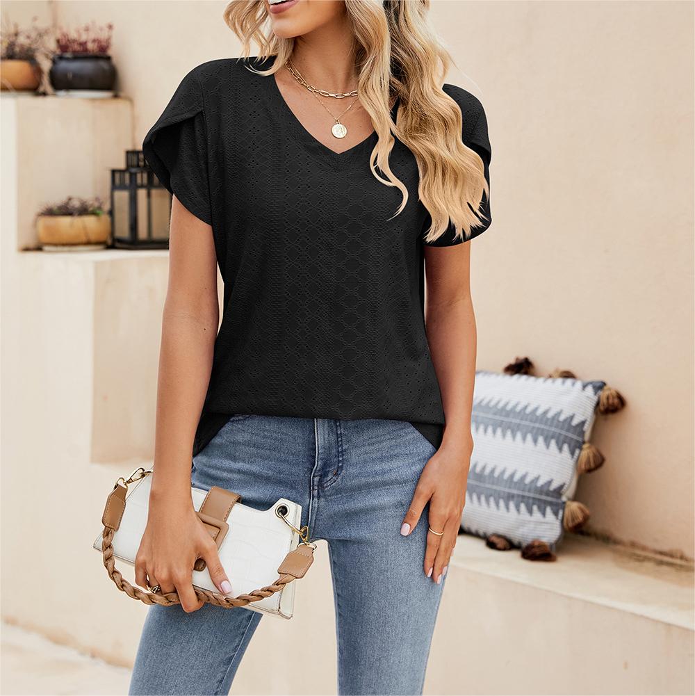 Solid color V-neck tile sleeve short-sleeved T-shirt