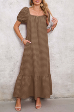 Women's Square Neck Puff Sleeve Plaid Maxi Dress