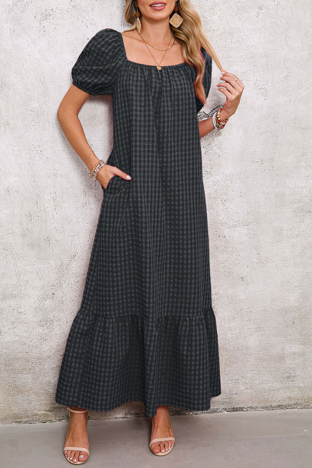 Women's Square Neck Puff Sleeve Plaid Maxi Dress