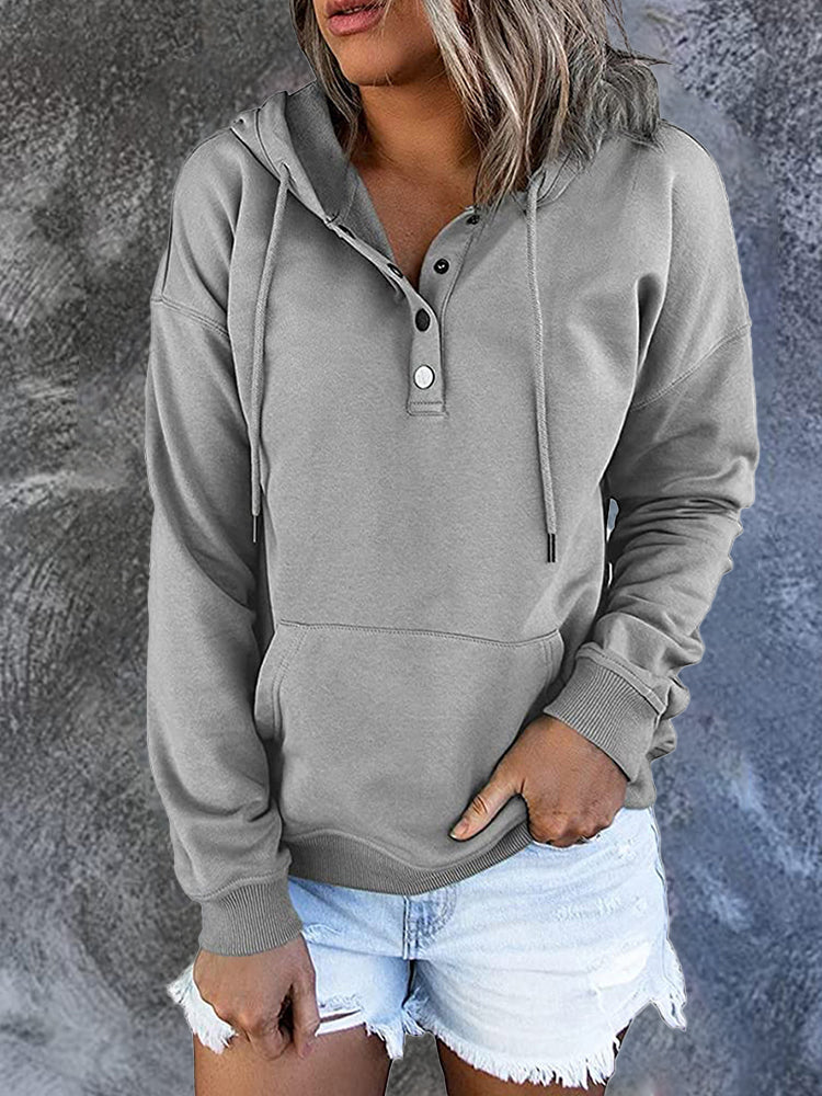 Solid Button Front Hoodie with Pocket
