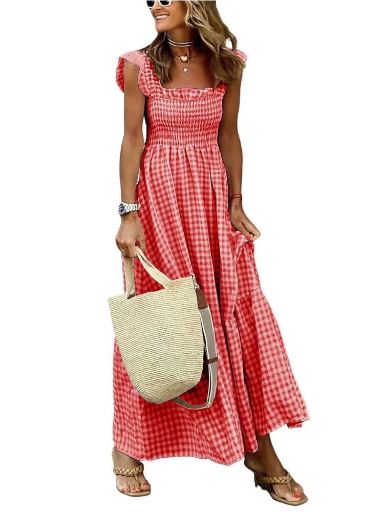 Women's Retro Plaid Smocked Flounce Long Dress