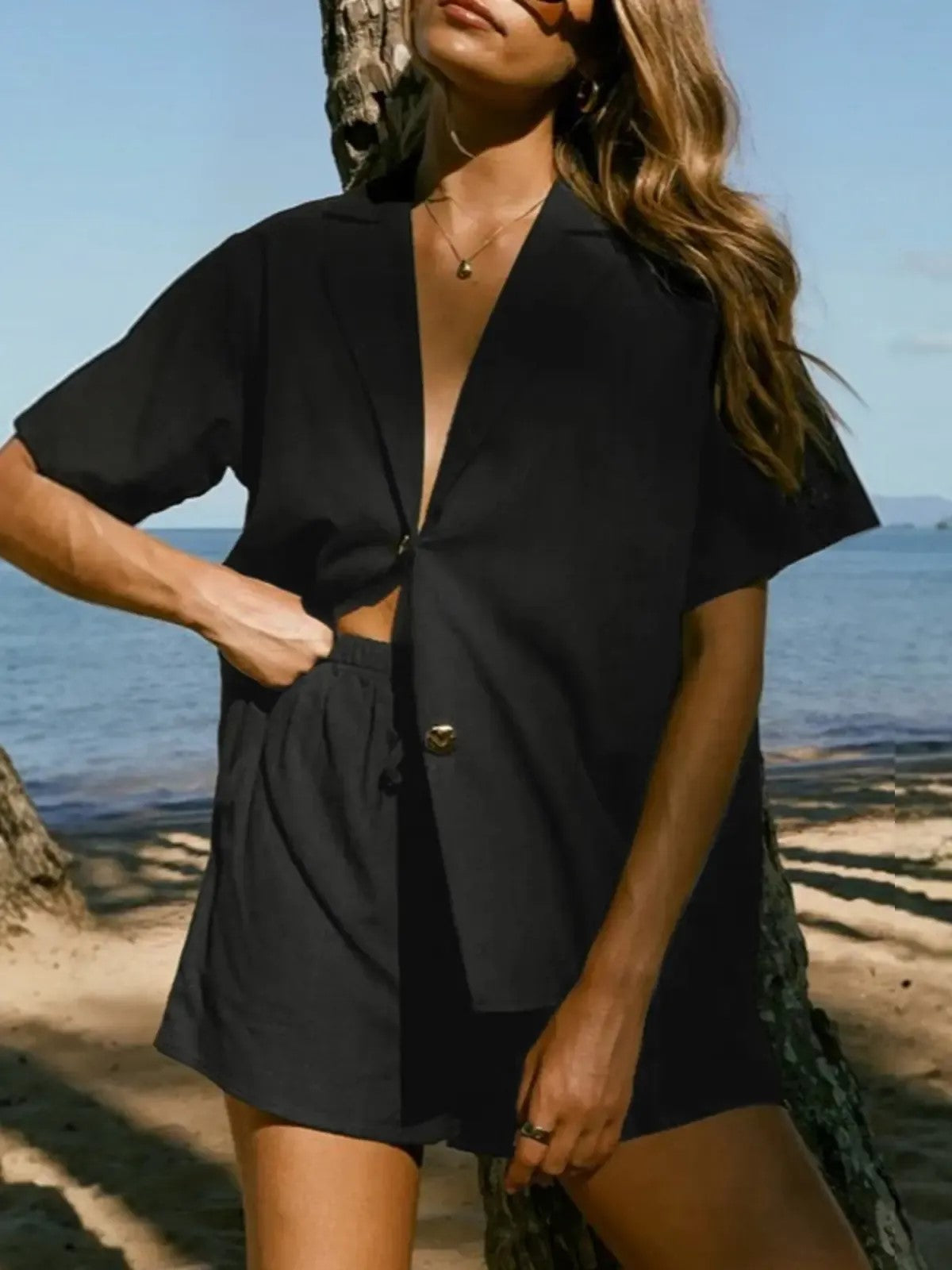 Women's Lapel V-Neck Button Front Casual Top & Shorts Set