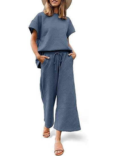 Women's Short Sleeve Tops and Cropped Wide Leg Pants Sweatsuit