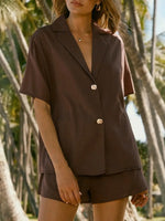 Women's Lapel V-Neck Button Front Casual Top & Shorts Set