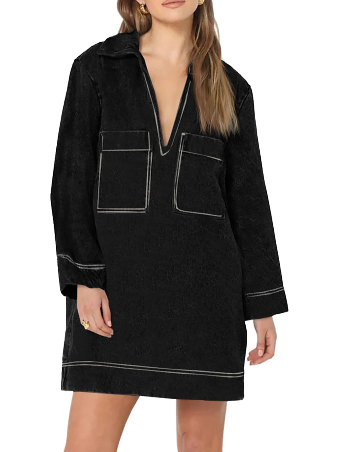 Women's Deep V Neck Denim Shirt Dress with Pockets