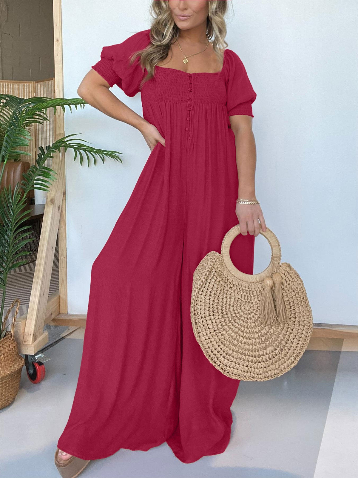 Women's Square Neckline Jumpsuit with Smocked Bodice Button