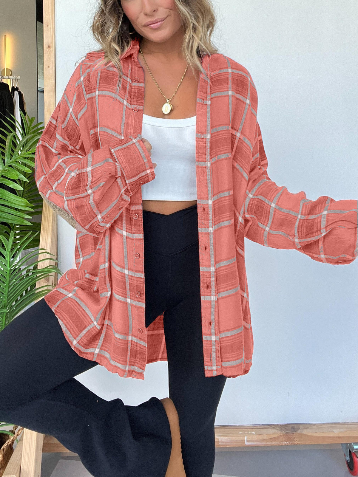 Women's Plaid Button Down Shirt with Elbow Patch Detailing