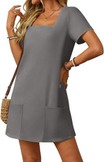 Women's Solid Square Neck Pocket Mini Dress