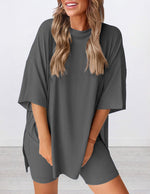 Women's Round Neck Side Slit Short Sleeve Top Tight Shorts Set