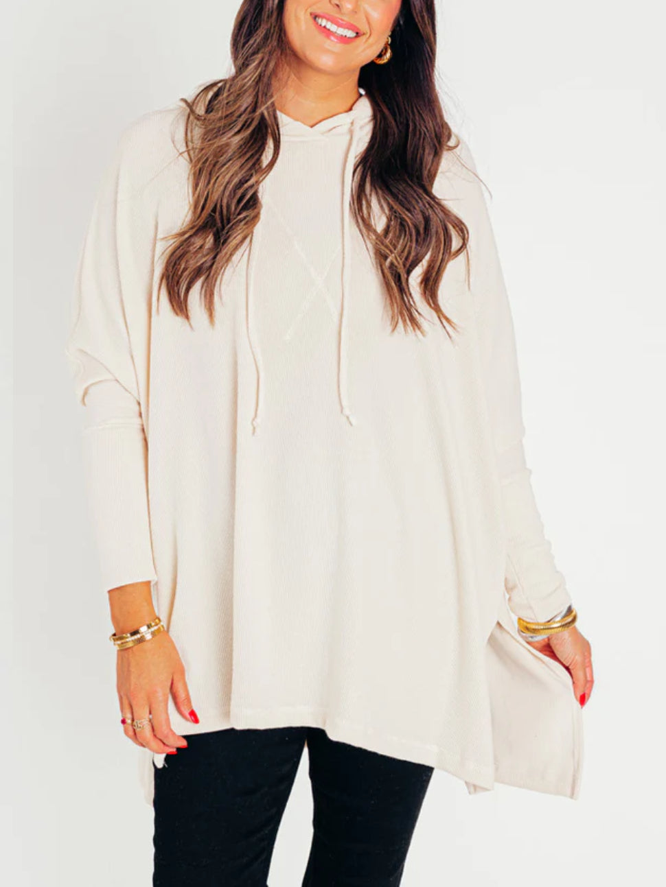 Women's Oversized Bat Sleeve Ribbed Hooded Pullover