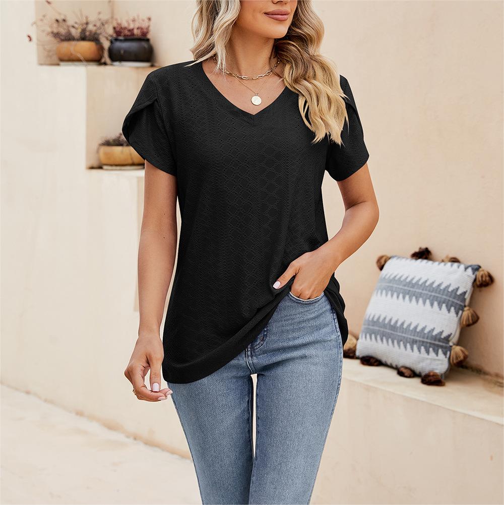Solid color V-neck tile sleeve short-sleeved T-shirt