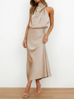 Mock Neck Keyhole Elastic High Waist Maxi Dress